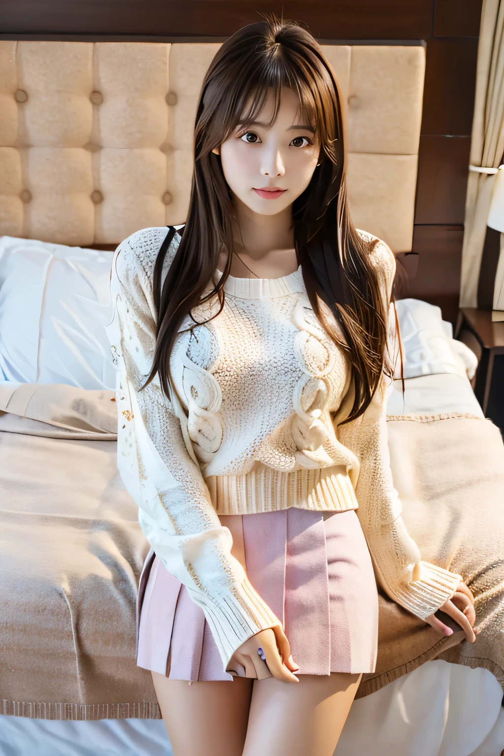Top Quality,Ultra-clear resolution,Clear Eyes,Cute face,Perfect face,White skin,Perfect breasts,have perfect legs,-yeld hischool girl、Focus on the legs,On the bed at home in ,wearing knit sweater & miniskirt, (Flirtingly lifting her skirt to show her panties:1.3)