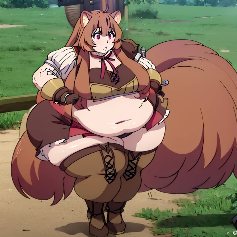 1girl, top heavy figure, (((incredibly big chest))), ((saggy chest)), plump, incredibly plump, ((big belly)), (((big tits))), wide, (((obese))), (((fat))), ((love handles)), double chin, out of shape, obese, fatty, shortstack, short woman, big bossom, ((milf)), small height, mature, standing, full body, bbw, ssbbw, raphtalia, raccoon tail, raccoon ears, red eyes, long hair, brown hair, brown bikini, high heels, pantyhose