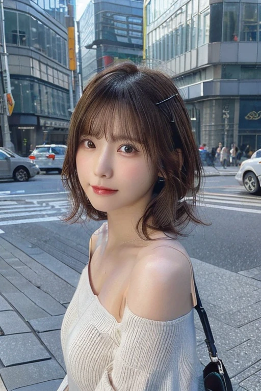 (Huge 、White see-through off-shoulder summer knit、Shoulder bag)、(highest quality,masterpiece:1.3,超A high resolution,),(Very detailed,Caustics),(Photorealistic:1.4,RAW shooting,)Ultra-Realistic Capture,Very detailed,High resolution 16K for human skin、 Natural skin texture、、Skin tone is even and healthy looking、 Use natural light and color,One Woman,Japanese,,cute,Grey Curly Hair,Middle Hair,(Written boundary depth、chromatic aberration、、Wide range of lighting、Natural Shading、)、(Hair swaying in the wind:1.2)、Tokyo cityscape
