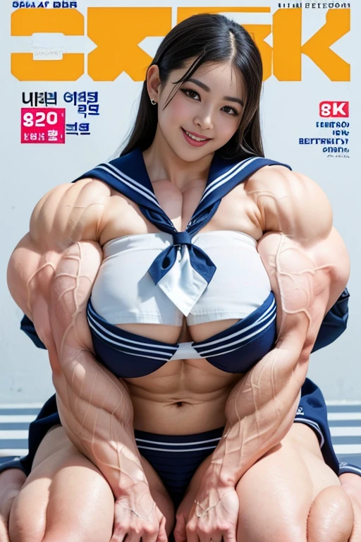 (Best quality,8K,ultra high res:1.5),(very beautiful pretty long straight hair korean actress girl),(Huge breasts:1.40),(very voluptuous body),(body builder girl:1.5),(wide muscle:1.8),(very light black hair),(moles),(happy smile orgasms expression),(eyes to camera),(sexy thighs),(cover:1.8),(top view),(blue sailor clothes:1.80)