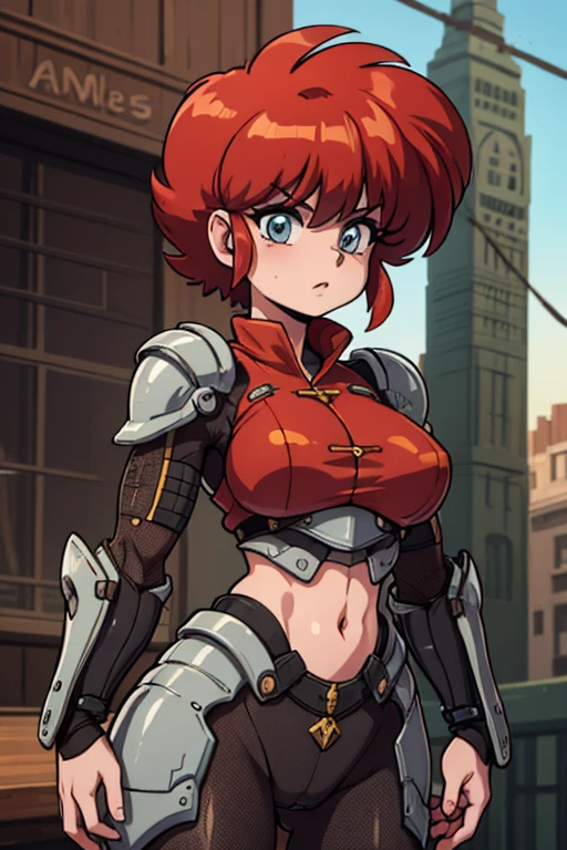 Ranmachan, Cabello rojo corto, pechos grandes rebotando, cuerpo completo, Mechanical armor