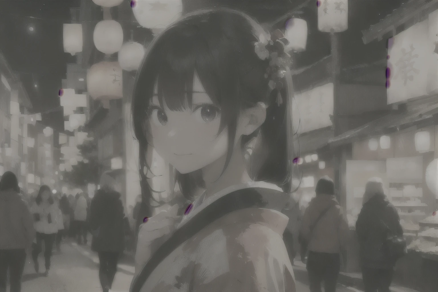Create an image of an anime-style girl with long black hair wearing a traditional Japanese kimono. She is standing in front of a lit street on a festive night, filled with lanterns and bustling crowds. Warm light emanates from the lanterns and the atmosphere is vibrant. The scene suggests a festive evening in a historical Japanese setting. The entire scene should evoke a sense of beauty and cultural richness.