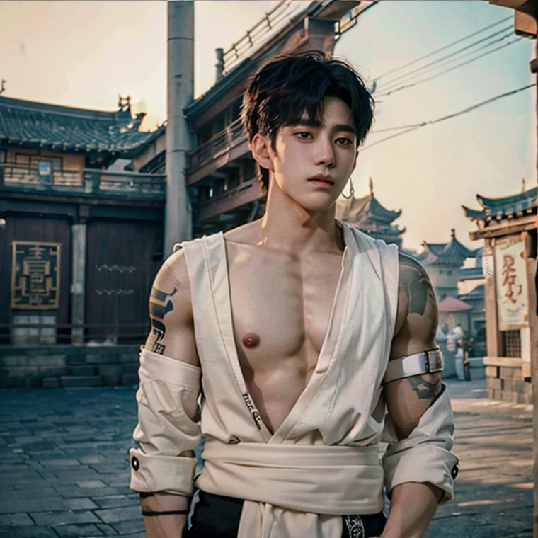 Alafard man shirtless and white brief carrying a backpack, muscular body, handsome, manly, inspirite by Zhang Han, Cai Xukun, Kim Do-young, Inspired by Bian Shoumin, Inspired by Xiao Yuncong, yihao ren, yanjun cheng, jinyiwei, inspired by Huang Gongwang, xintong chen, Jacket, wearing japanese loincloth,nice bare butts, Tattoo chest, tattoo hands, tattoo arms, tattoo belly, clear studio light, night ancient chinese town background, detailed background, fantasy Chinese themed, the best resolution, 8k, Ultra fullHD, look at the viewer, catching eyes