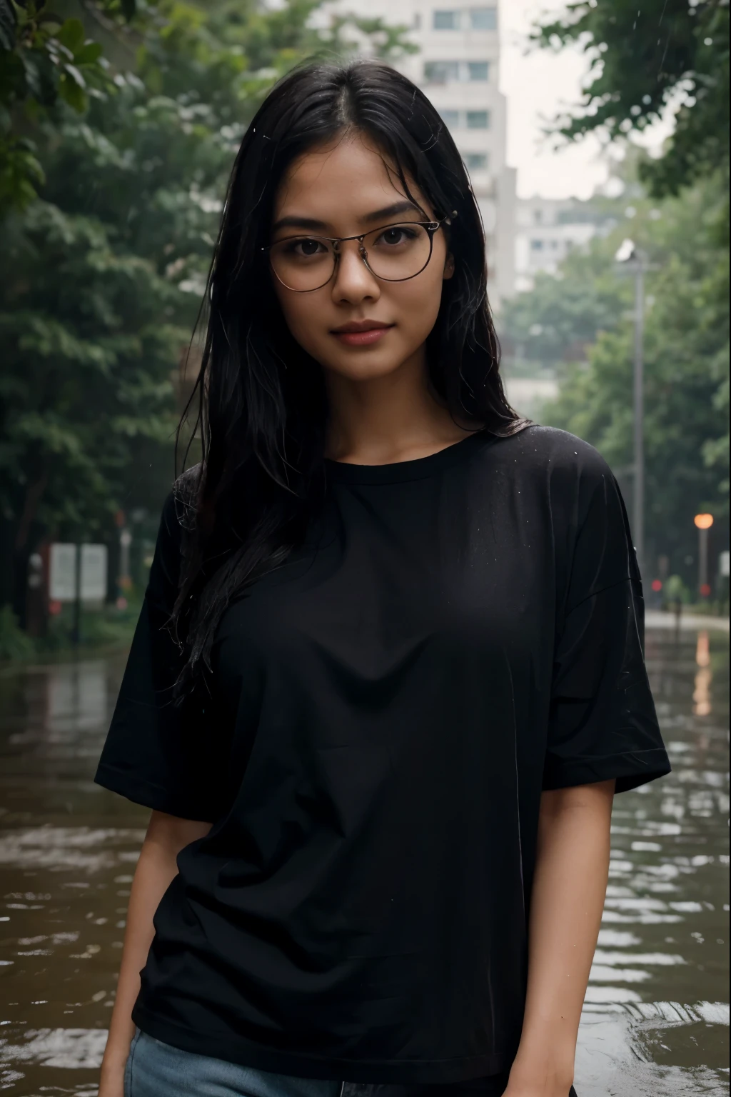 Beautiful Asian girl with dark hair wearing a sexy plain black t-shirt. The shirt is soaked. Standing in the middle of nature while it rains, hair gets wet., black hair, long hair, bespectacled, light smile, first-person view, UHD, retina, masterpiece, ccurate, anatomically correct, textured skin, super detail, high details, high quality, award winning, best quality, highres, 4K