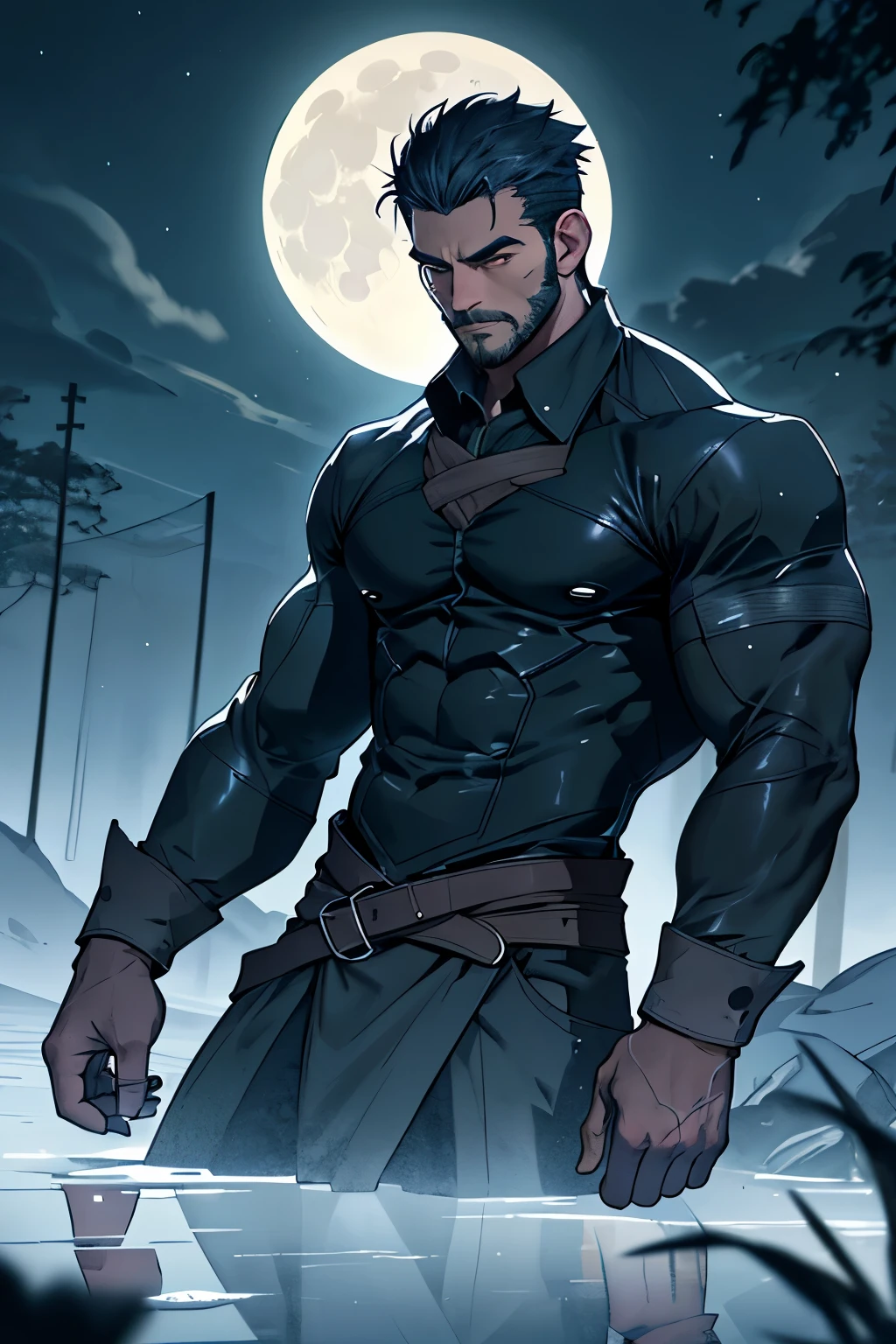 A solitary man, bathed in the dim glow of the dark moonlight, sat alone in an empty landscape. His features were deeply etched with lines of sorrow and melancholy. His stubble-covered jaw was clenched tightly, his thick brows furrowed in contemplation. The moon cast long, deep shadows behind him, extending from his lean, matured body. His clothing was simple and worn, revealing the muscular definition of his torso and arms. The man's eyes, ultra-detailed and hyper-realistic, held an intense focus on the vast emptiness before him. His gaze seemed to pierce through the veil of the night, searching for something that only his heart could