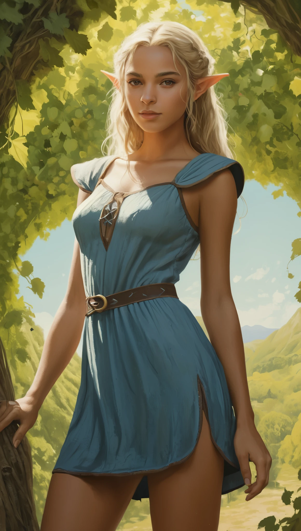 An illustrated movie poster, hand-drawn, full color, a teenage elven girl, wearing a cotton dress, brown skin, sun-tanned olive complexion, Amazonian body, very tall, athletic, hourglass figure, curvy, generous hips, long legs, ridiculously thick powerful thighs, glowing sapphire eyes, long pointy elf ears, ash blonde hair, short shaggy bob, posing in a sunny vineyard, wet glistening skin, hard shadows, graphite shading, stencil marks, airbrushed acrylic paint, masterpiece, in the style of Lord of the Rings 