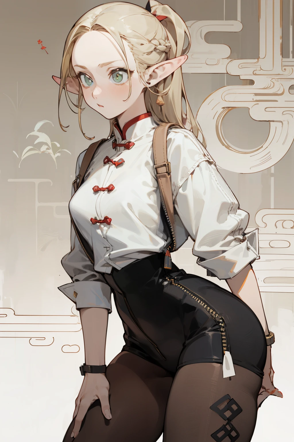 (masterpiece, best quality) detailed, Wearing black tights, silver accessories , The zipper is not closed , Blonde ,elegant, Pointed ears ,whole body,Chinese element pattern,thigh,漏出thigh,White shirt