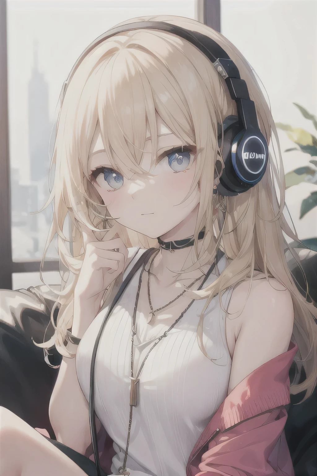 ((highest quality)), ((masterpiece)), (detailed), Perfect Face、sitting on the couch listening to music、headphone、blonde、Straight Hair、necklace、Earrings、Close ~ eyes、White Noise Removal、