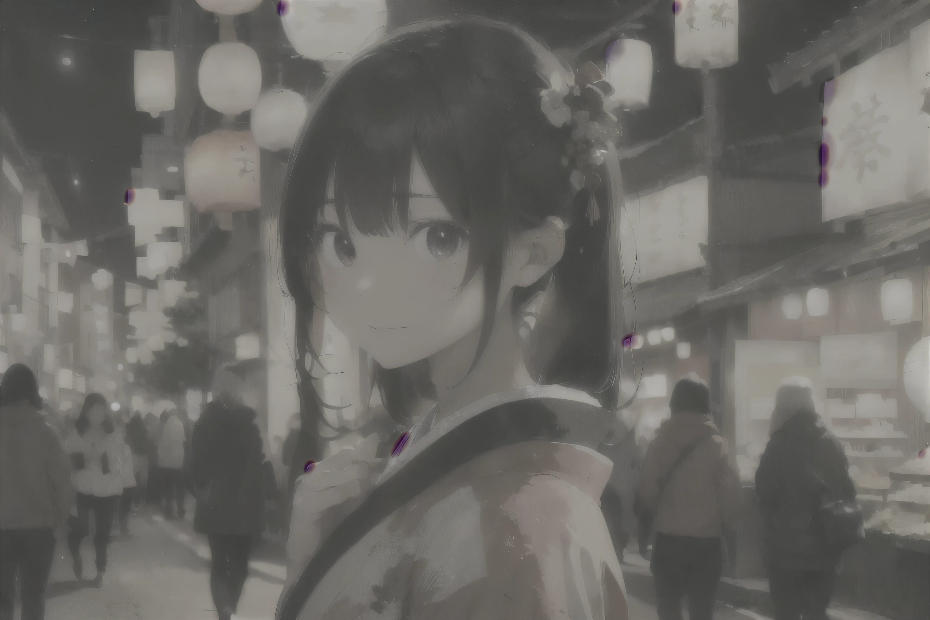Create an image of an anime-style girl with long black hair wearing a traditional Japanese kimono. She is standing in front of a lit street on a festive night, filled with lanterns and bustling crowds. Warm light emanates from the lanterns and the atmosphere is vibrant. The scene suggests a festive evening in a historical Japanese setting. The entire scene should evoke a sense of beauty and cultural richness.