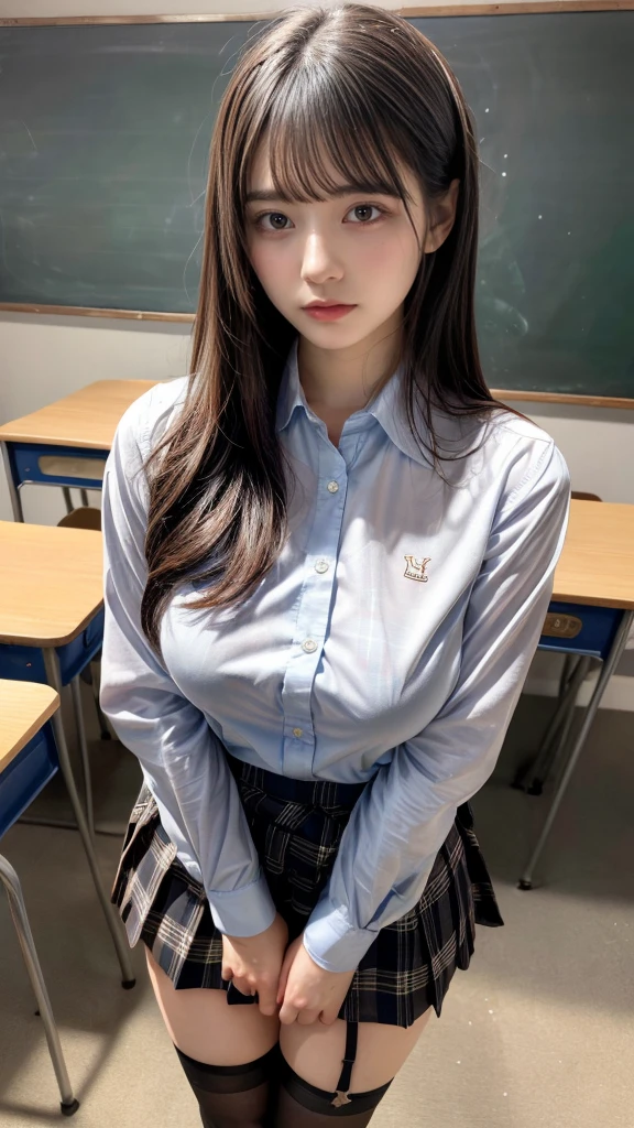 muste piece, best quality, illustration, Super detailed, fine details, High resolution, 8K,wall paper, perfect dynamic composition,(Details High quality, realistic depiction of eyes:1.3), (white school shirt :1.2), (plaid skirt :1.3), tie black, black thigh-high stockings, standing, open legs, long hair, in a classroom, blackboard in the background, deep on field, large breasts, black hair color, Big Natural Color Lip, (perfect body shape), crying a little、cold gaze, Harajuku style、30 year old girl、cute type、ta、beautiful legs, Gravure Idol