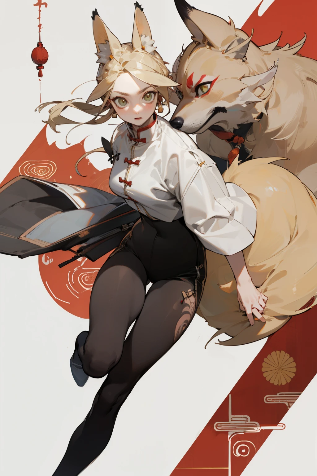 (masterpiece, best quality) detailed, Wearing black tights, silver accessories , The zipper is not closed , Blonde ,elegant, (Fox ears)，Red Eyeshadow, ，whole body，Chinese element pattern，thigh，漏出thigh，White shirt