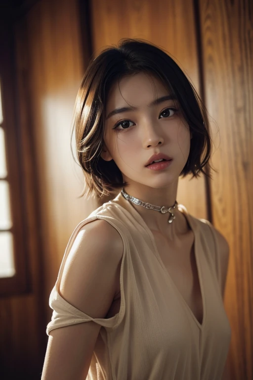 masterpiece, best quality, ultra detailed, masterpiece、Browsing Caution, super high quality、Crystal Clear、RAW UHD Format、Droopy eyes、High resolutionの光る目、highest quality, close, Realistic skin texture, photograph shoot, Detailed facial features, Film grain and high contrast, 非常にHigh resolutionの詳細, photograph, Realistic, Surreal, High resolution, masterpiece、17歳のウクライナ美少女photograph、Boyish and healthy girl、choker、short hair、Cowboy Shot,Bust Shot、Sweaty skin