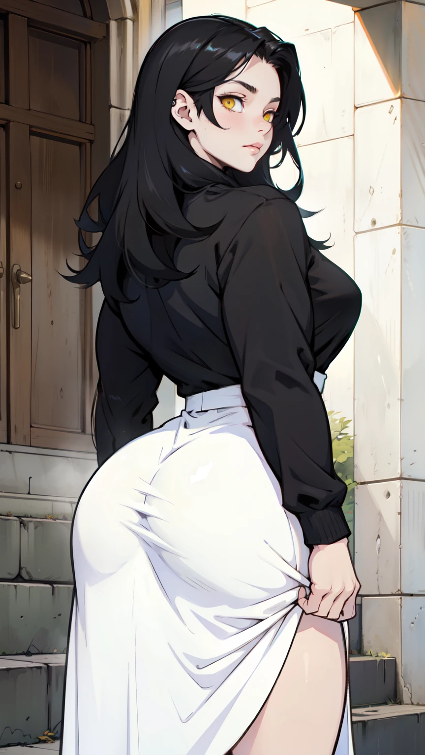 sundress long sleeve girl muscular thick black hair yellow eyes pale skin from behind huge ass