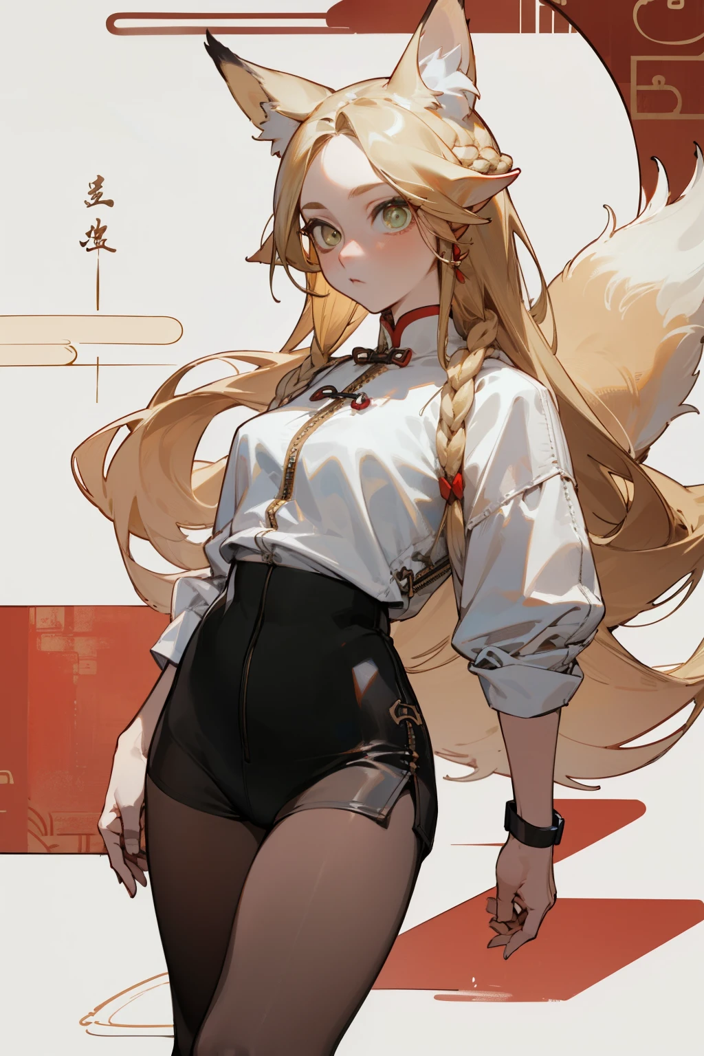 (masterpiece, best quality) detailed, Wearing black tights, silver accessories , The zipper is not closed , Blonde ,elegant, (Fox ears)，Red Eyeshadow, ，whole body，Chinese element pattern，thigh，漏出thigh，White shirt