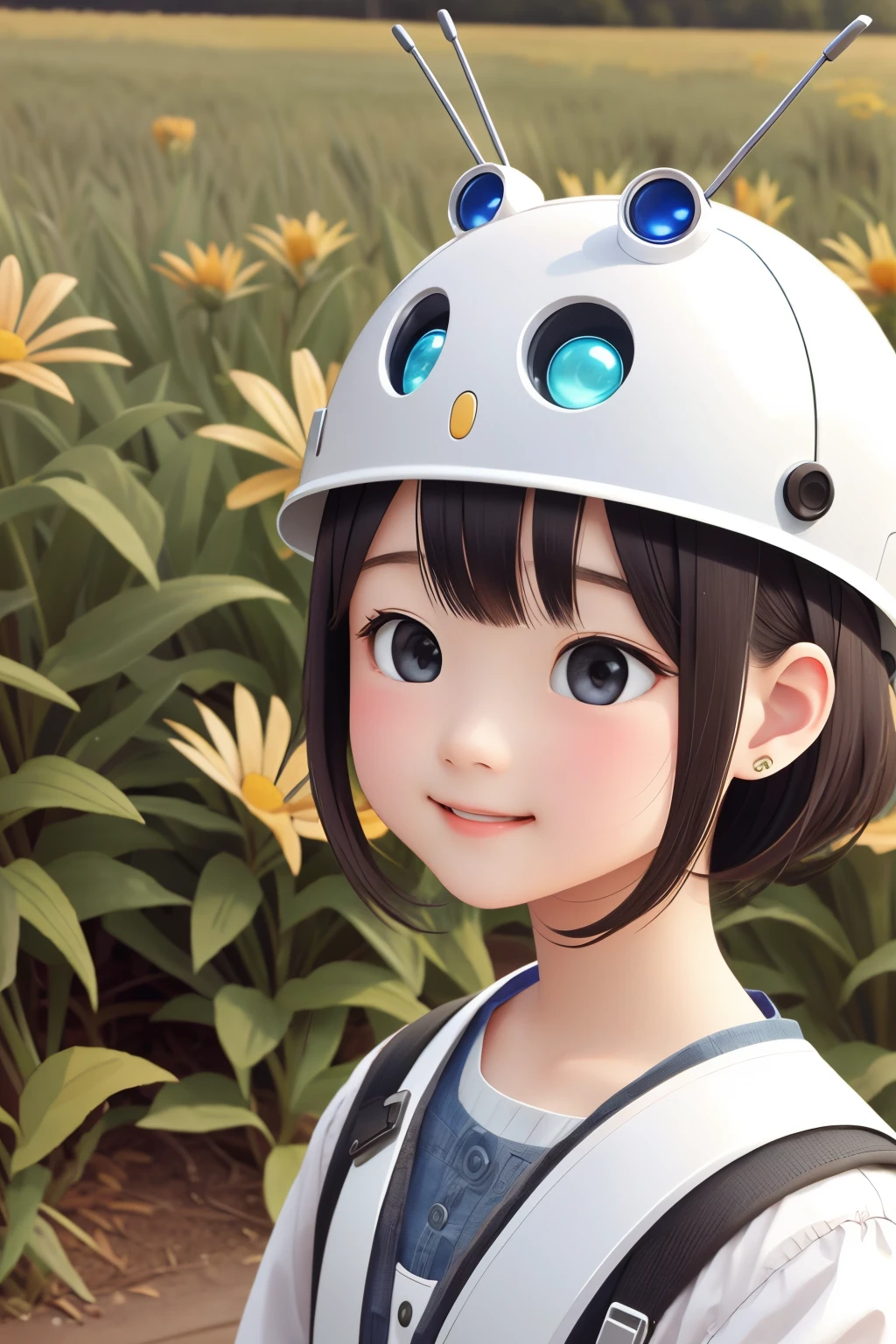Girl and robot collaboration photo、comical、A butterfly lands on the robot's head、The girl who saw it laughed.