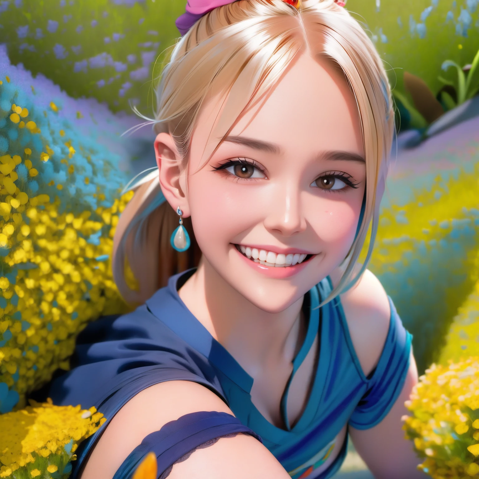 UHD,8K,Hyperrealism,light brown hair,happy tears,red eyes,crystal earrings,smile,cowboy shot,sony FE