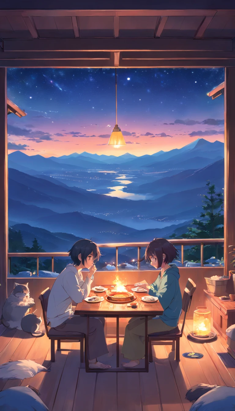 Three people around a kotatsu、Fuji Mountain、Friendship、youth、Tears of emotion、Hiding kitten、Night Sky、Spectacular views、Hotpot