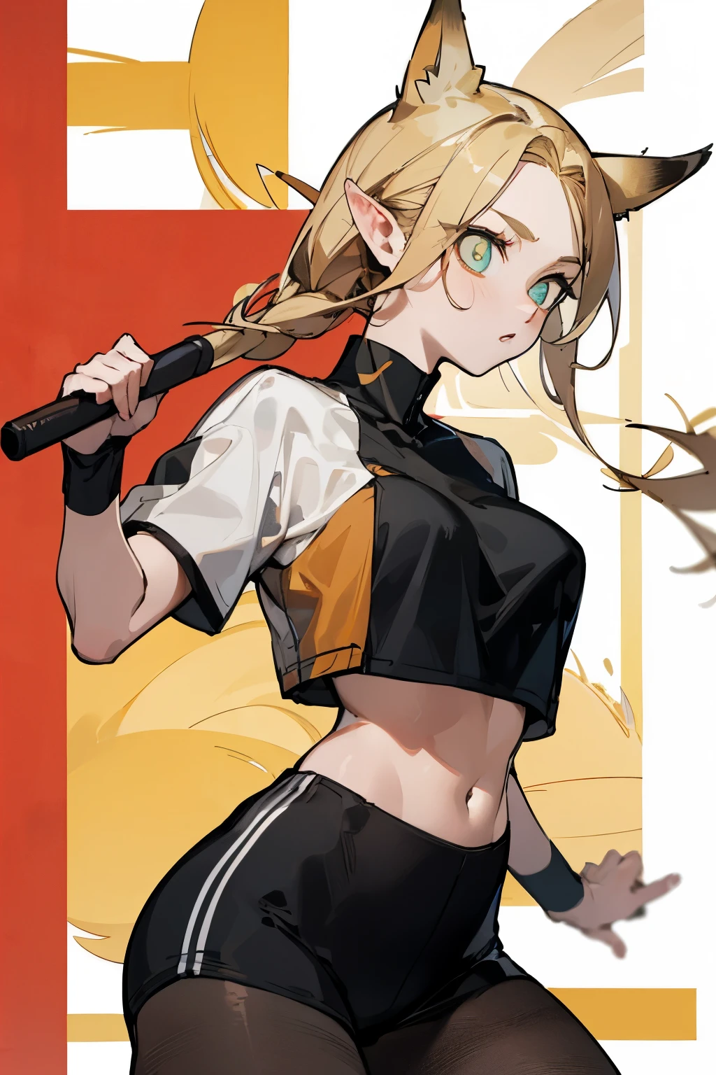 (Fox ears), Exquisite eyes, Blonde ,Facial details, Red Eyeshadow, masterpiece, high quality, Large Breasts,Black pantyhose,solo,White short top, sports Shorts