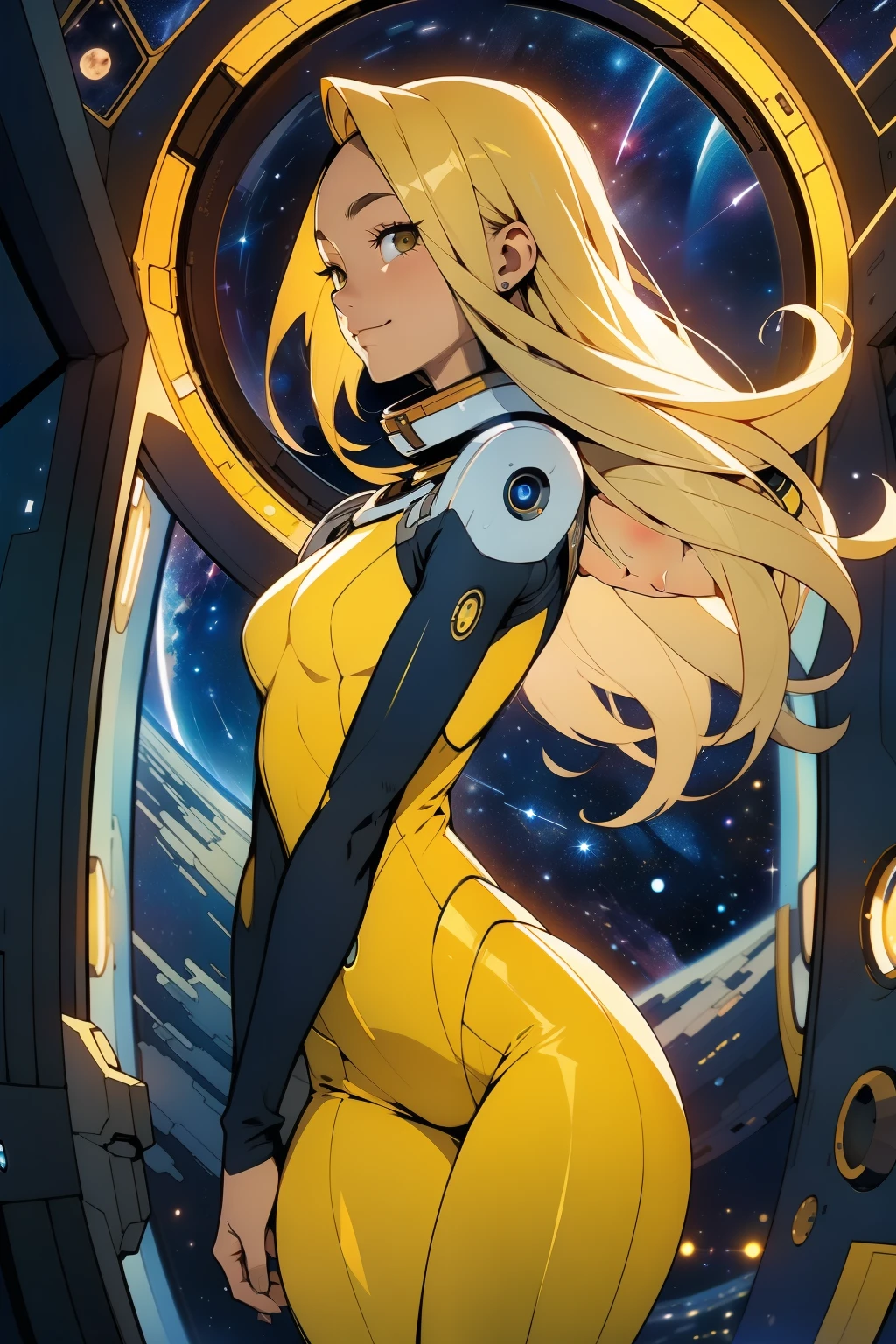 (masterpiece, best quality:1.2), (cowboy shot:1.1), solo, 1girl, mori yuki, slight smile, closed mouth, side view, looking at viewer, blonde hair, long hair, thigh gap, yellow bodysuit, skin-tight, perfect body, large window, (starship porthole:1.3), (spread legs:1.0), (standing:1.1), thigh gap, sensual pose, sideview, perfect hands, bright starship interior, (outer space view:1.1), (orbital view:1.3), (night, stary sky:1.5), milky way