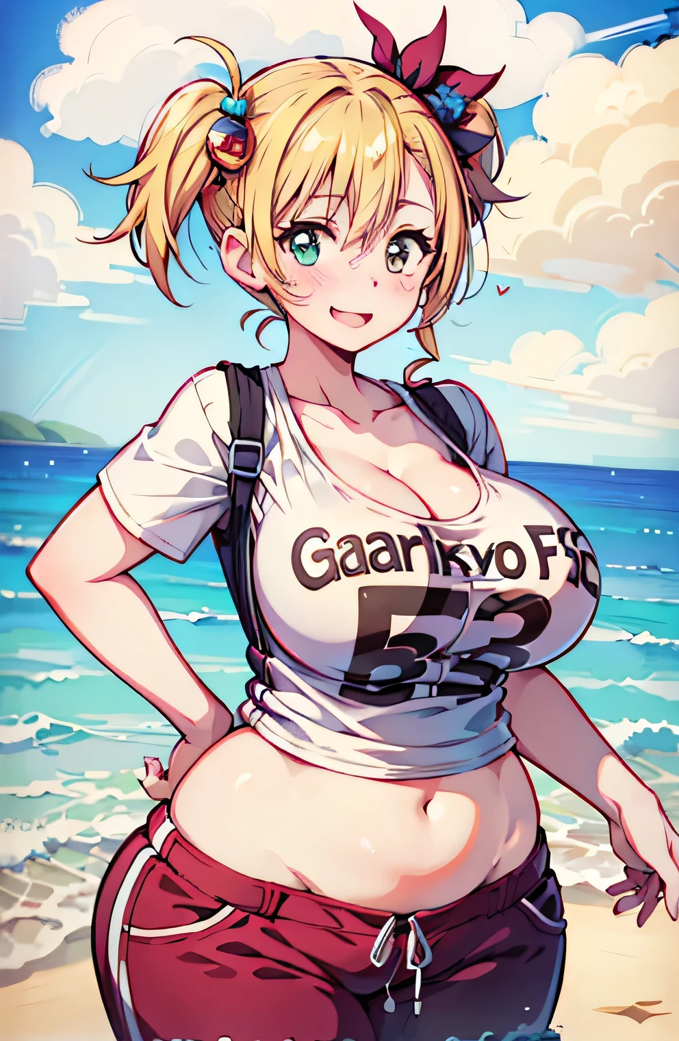 Anime illustration、highest quality、A short and plump high school girl、Sporty T-shirt、hot pants、Sandy Beach、Perfect proportions、overwhelmingly big breasts、Beautiful, shining eyes、Blushed、smile、Cowboy Shot