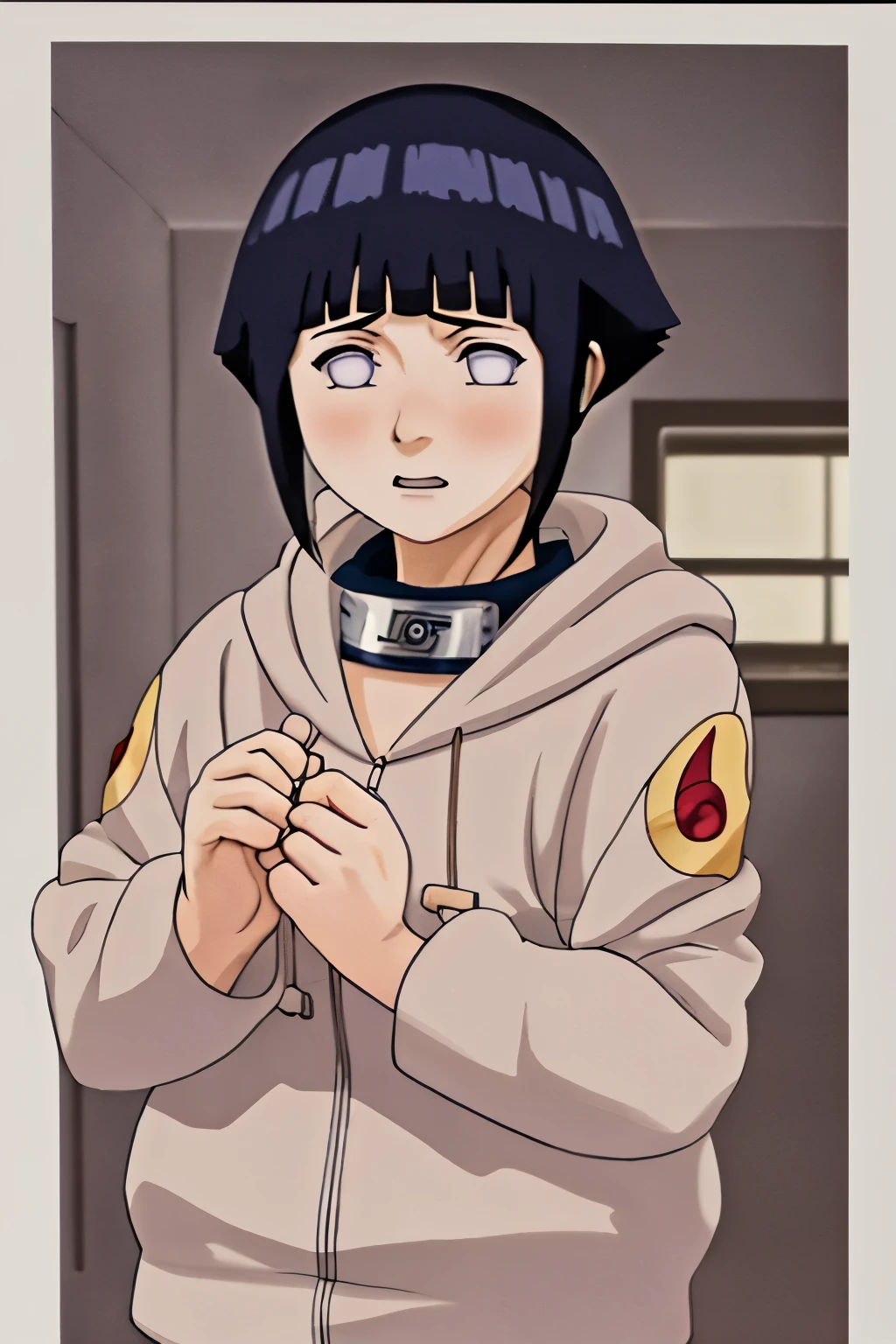 1 Girl, Hinata Hyuga, short hair, white eyes, white hoodie, fair skin, cute, flushed cheeks  