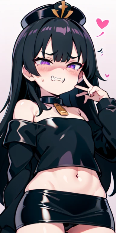 1 girl,heart-shaped pupils, put your hand on your face, (black hair), (purple eyes), long hair, (((long hime hair))) (blush:1.1), Upper body, trembling, Sweat, Sweatdrop, heart, (speed line:1.1), ((Flat milk)), ((heavy breathing:1.3)), like, heart, Happy, disgusted look, Yandere, (()), evil smile, open your mouth, ((jagged teeth)), small breasts, Black military cap, ((black jacket)), off shoulder, ((shiny latex black tube top)), ((strapless)), shiny, ((mini pencil skirt)), cowboy shot, ((hime hair)), hime cut, hime haircut, hime style,