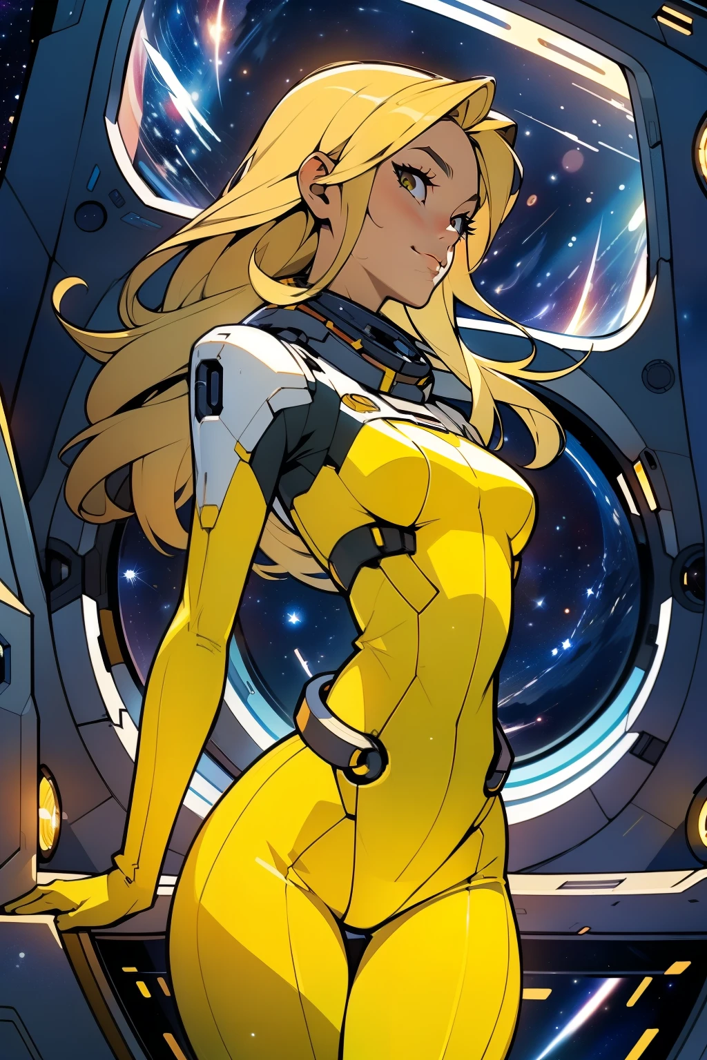 (masterpiece, best quality:1.2), (cowboy shot:1.1), solo, 1girl, mori yuki, slight smile, closed mouth, side view, looking at viewer, blonde hair, long hair, thigh gap, yellow bodysuit, skin-tight, perfect body, large window, (starship porthole:1.3), (spread legs:1.0), (standing:1.1), thigh gap, sensual pose, sideview, perfect hands, bright starship interior, (outer space view:1.1), (orbital view:1.3), (night, stary sky:1.5), milky way