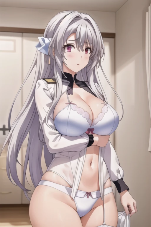 Long hair,粉红色的Eye,Silver Hair,1 girl, 20 years,Young women,fair Finger,fair long legs,fair body,fair Nose,fair character design, perfect Eye, perfect Face,expressive Eye,Perfect balance, Looking at the audience,(Focus on her Face),Shut up, (Innocent_Large target_Eye:1.0),Light_Smile, official art,Extremely detailed CG Unity 8K wallpaper, Perfect lighting,rich and colorful, bright_front_Face_Lighting,有Light泽的皮肤, (masterpiece:1.0),(the best_quality:1.0), Ultra-high resolution,4K,Super detailed, photography, 8k, HDR, high resolution, absurd:1.2, Kodak Portrait 400, Film Grain, Blurred background, Bokeh:1.2, 鏡頭Light暈, (Energetic_color:1.2),专业photography师, (fair,Large target_breast:1.4), (fair_Face:1.5),(narrow_waist),White lingerie,White lace,White bra, White underwear,White lingerie, Slim sexy body, full body,Double tail