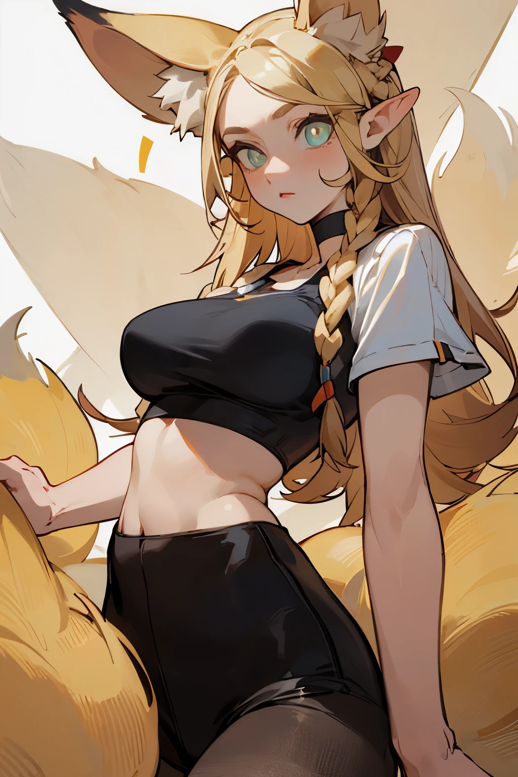 (Fox ears), Exquisite eyes, Blonde ,Facial details, Red Eyeshadow, masterpiece, high quality, Large Breasts,Black pantyhose,solo,White short top, sports Shorts