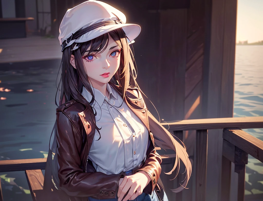 (((lake))),((landscape)),((absolutely resolution)),((incredibly absurdres)),((highres)),(refraction_1.4),((ultra detailed)),((diffraction of light)),((tyndall effect)),(leather jacket:1.3),(White Shirt:1.3),(jeans:1.3),(((pale red lip))),(((fuller lips))),(beeline:1.3),(sense of depth:1.3),((highest quality)),((32K)),((HDR)),((Ultra-high resolution)),((RAW)),((Realism)),((masterpiece)),(Intricate details),(Delicate and beautiful details),Detailed eyes,Detailed facial features, eyes,glossy lips,((((madeon)))),((perfect ???????)),gleaming skin,(best illuminate),(cinematic shadows),