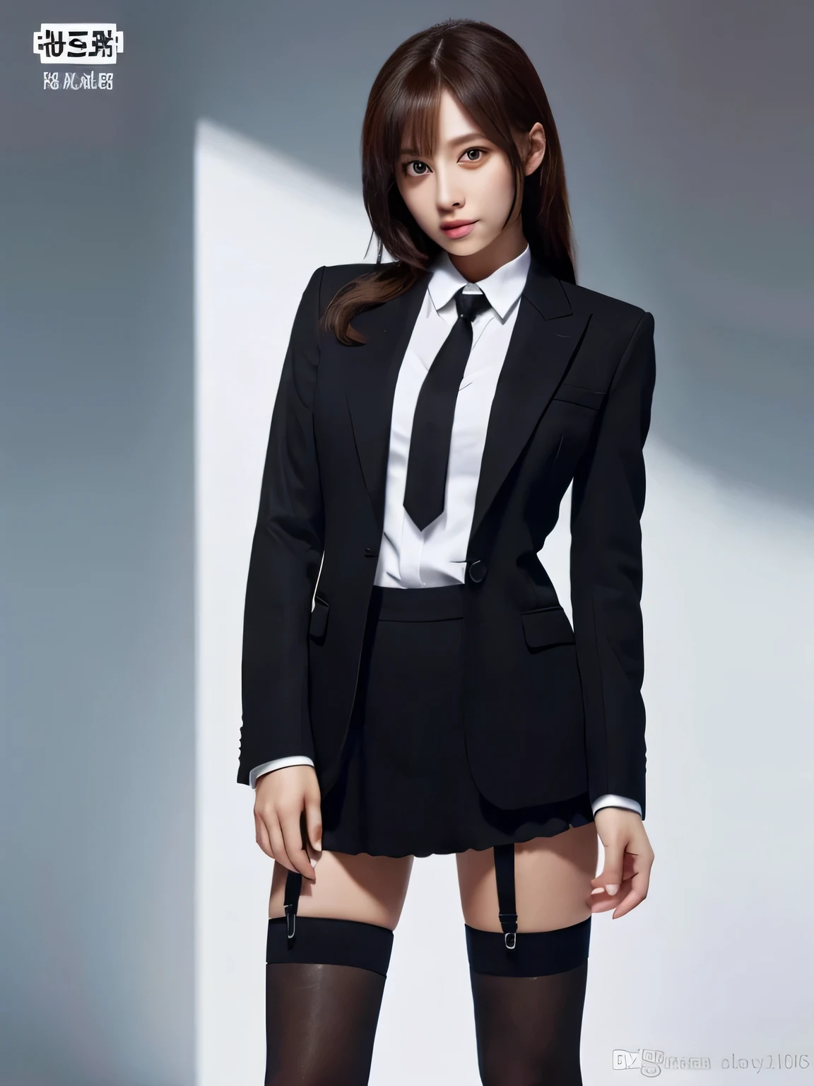 
highest quality, Expressive eyes, Perfect Face, One girl, Black suit、Gal、Miniskirt、Knee socks、 ,Are standing, whole body、company