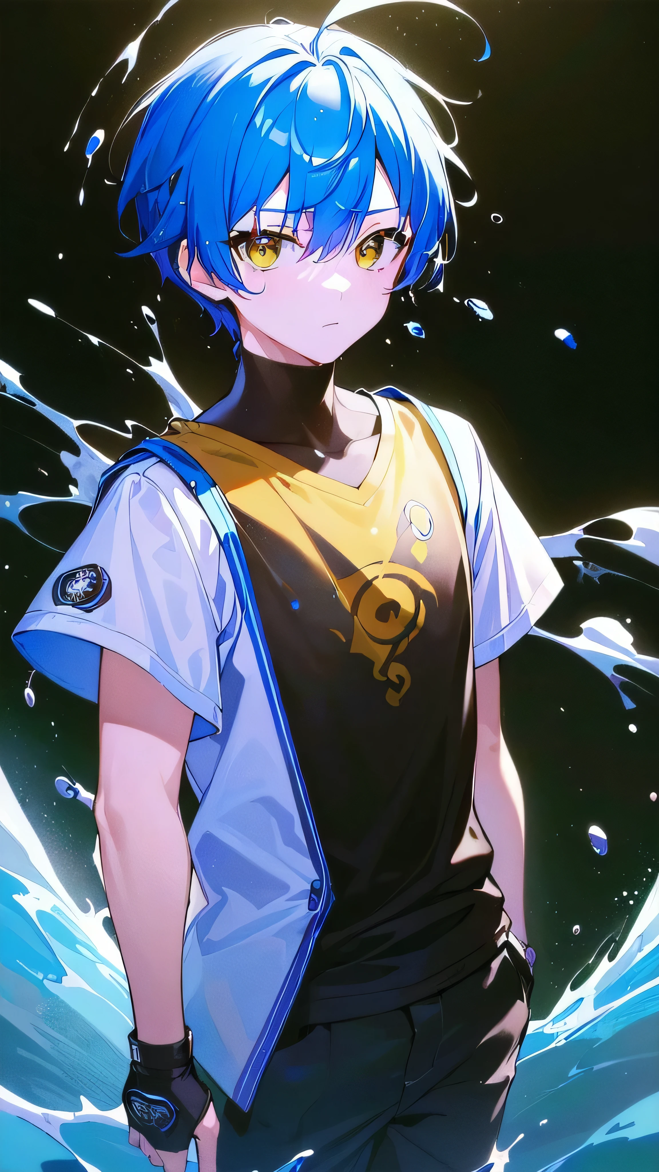 [(BLACK BACKGROUND:1.5),::5], ((((masterpiece)))), high quality, very_high_resolution, large_filesize, full color, ((younger boy)), 13 old year, short deepblue hair, vivid color, ((yellow eye)), civilian clothes white, animestyle, (Soda Splash effect:1.3)