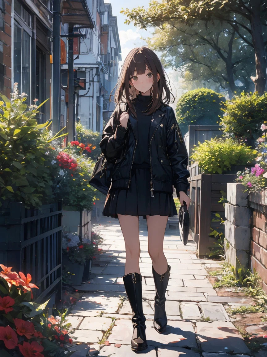 Brown Hair、garden、holiday、walk、art、,Black mini skirt,vision,Small face　bangs ,beauty,vision 、Black boots 、one person 、Black jacket