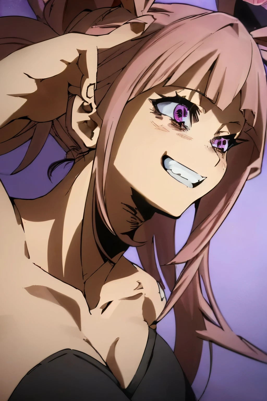 (best quality,4k,8k,highres,masterpiece:1.2),ultra-detailed,(realistic,photorealistic,photo-realistic:1.37),girl with pink hair and purple eyes,smiling with a yandere expression and teeth opening in four parts,beastlike magical girl with rabbit ears