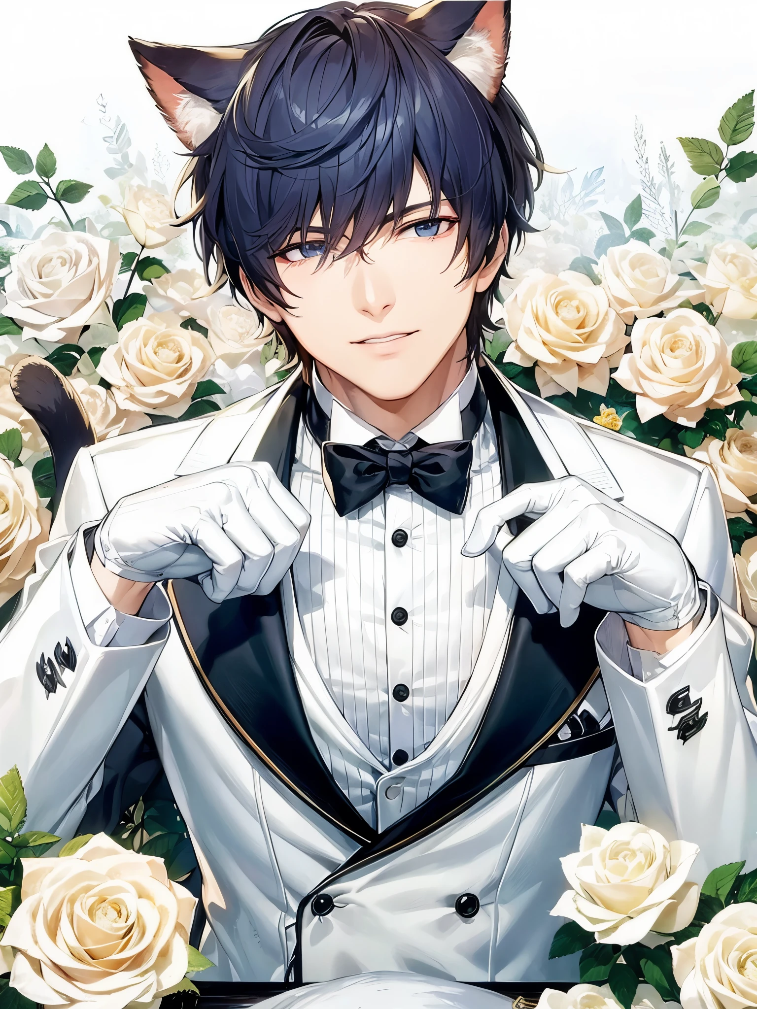 a handsome guy、Serious expression、Cool and beautiful face、Highly Detailed CG Unity 8K Wallpaper, (super masterpiece, Beautiful person, well detailed face polluted smile, It's photorealistic, Hyperrealistic)Cool and handsome face、Cat ear