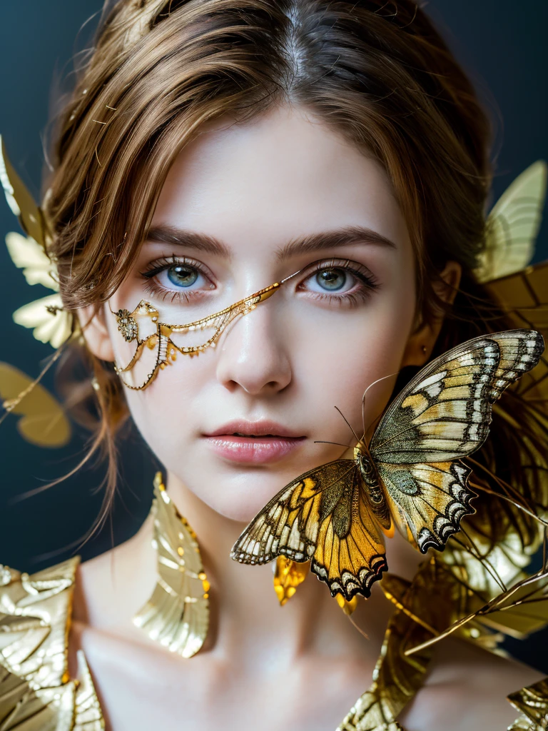 ( masterpiece, top quality, best quality,8k,17 years old girl,ultra detailed,raw photo:1.5),(photorealistic:1.4),(cinematic lighting), PerfectNwsjMajic, , Surrealism, UHD, ccurate, Super detail, textured skin, High detail, Best quality, dynamic angle, (high nose,White skin),[Beautiful blue eyes],(1girl),(good anatomy:0.5)), beautiful cyborg with brown hair, intricate, elegant, highly detailed, majestic, digital photography, art by artgerm and ruan jia and greg rutkowski surreal painting gold butterfly filigree, broken glass, (masterpiece, sidelighting, finely detailed beautiful eyes: 1.2), hdr,