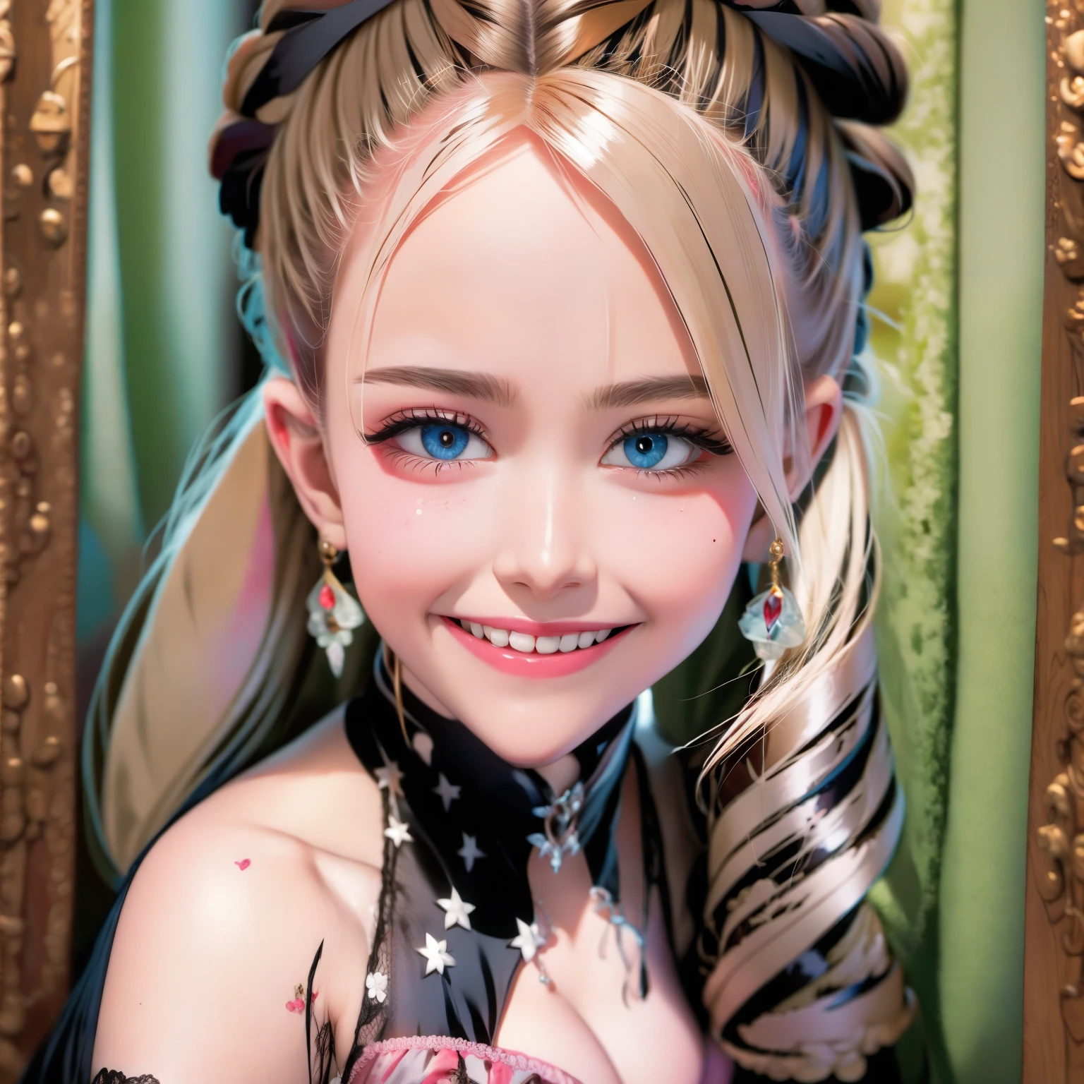 UHD,8K,Hyperrealism,light brown hair,happy tears,red eyes,crystal earrings,smile,cowboy shot,sony FE