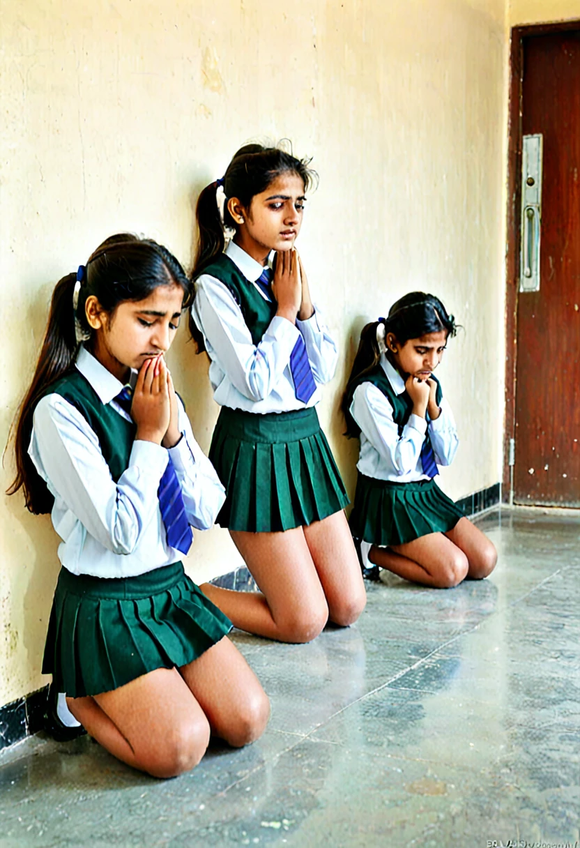 3 pakistani college girls short skirt uniform kneeling down holding ears with her arms in corridor outside classroom facing wall  in punishment sad