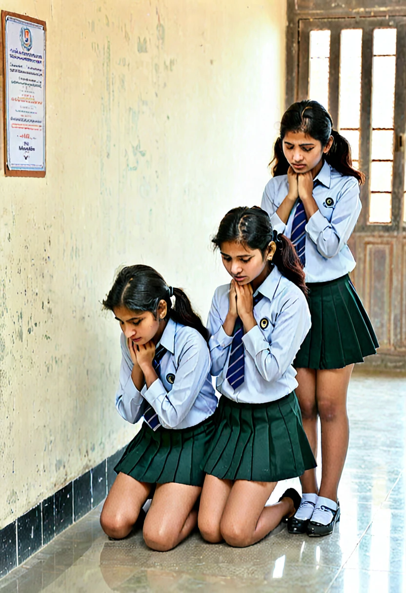 3 pakistani college girls short skirt uniform kneeling down holding ears with her arms in corridor outside classroom facing wall  in punishment sad