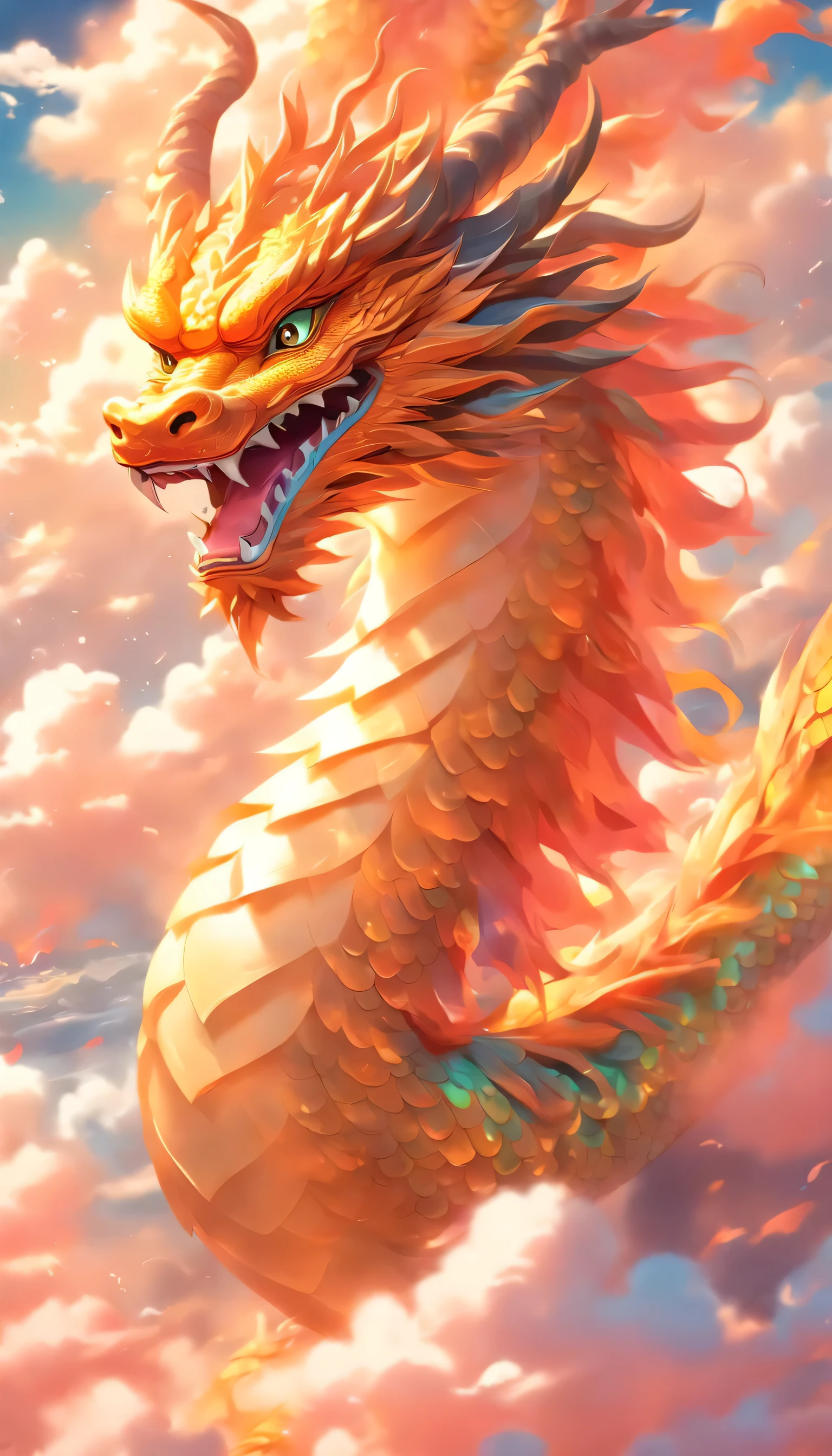 highest quality, masterpiece, Cute iridescent Asian dragon playing with clouds and wind in the sky, Isoscale, Beautiful concept art, Optics