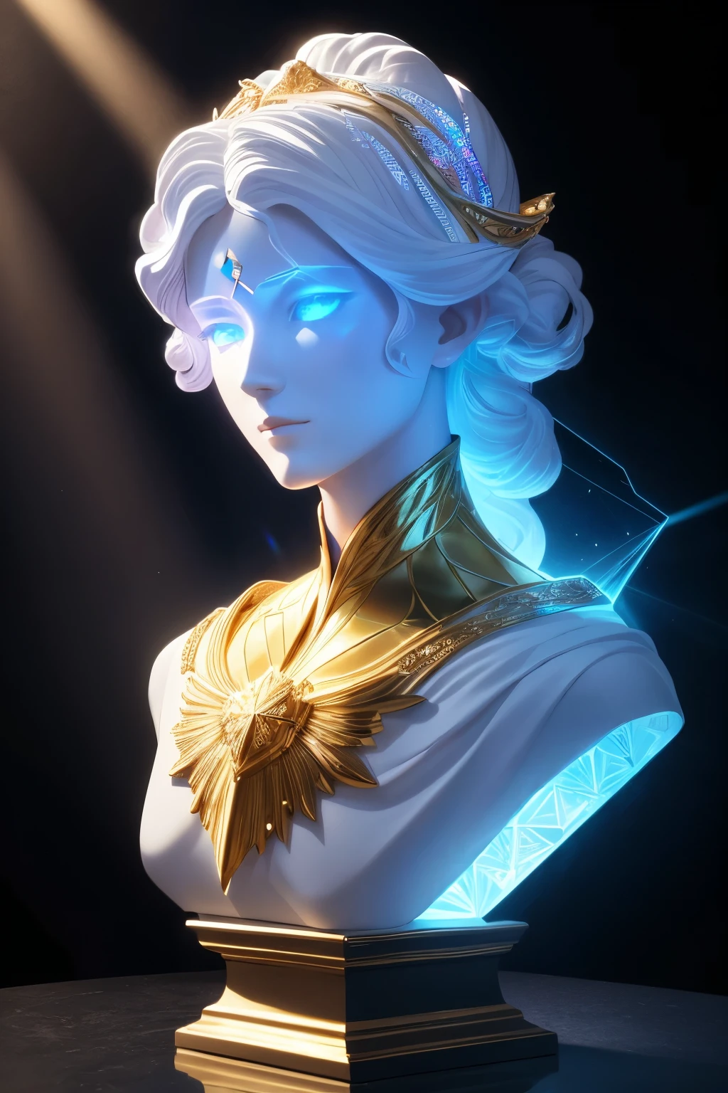 best quality, super fine, 16k, incredibly absurdres, extremely detailed, delicate, flashy and dynamic depiction, mysterious and beautiful plaster bust of God, fusion with holograms, holographic projection, gender unknown, room surrounded by prism walls, scattering light