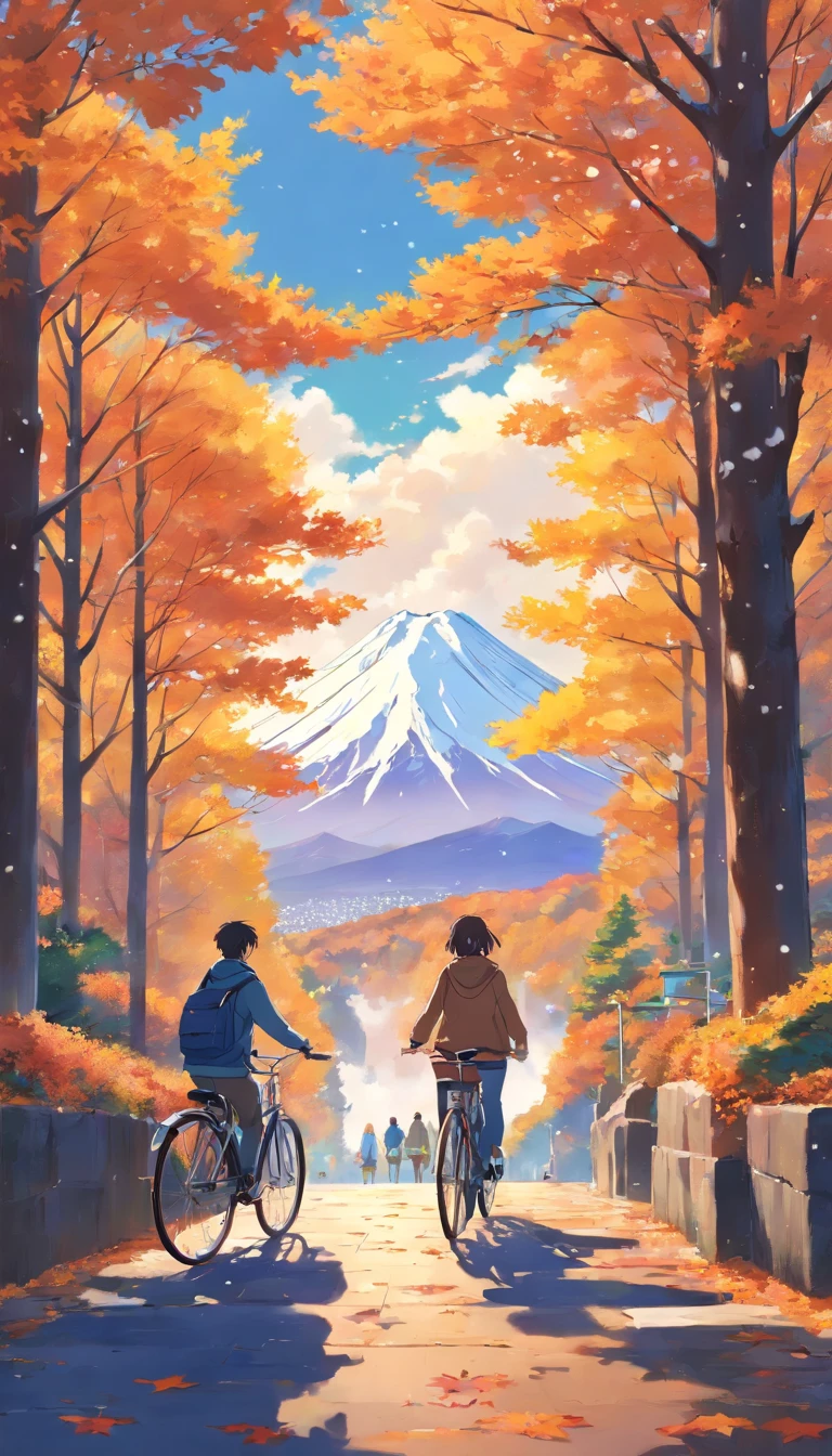 Snow-capped Mount Fuji、autumn leaves、Two-seater bicycle、A man and a woman alone