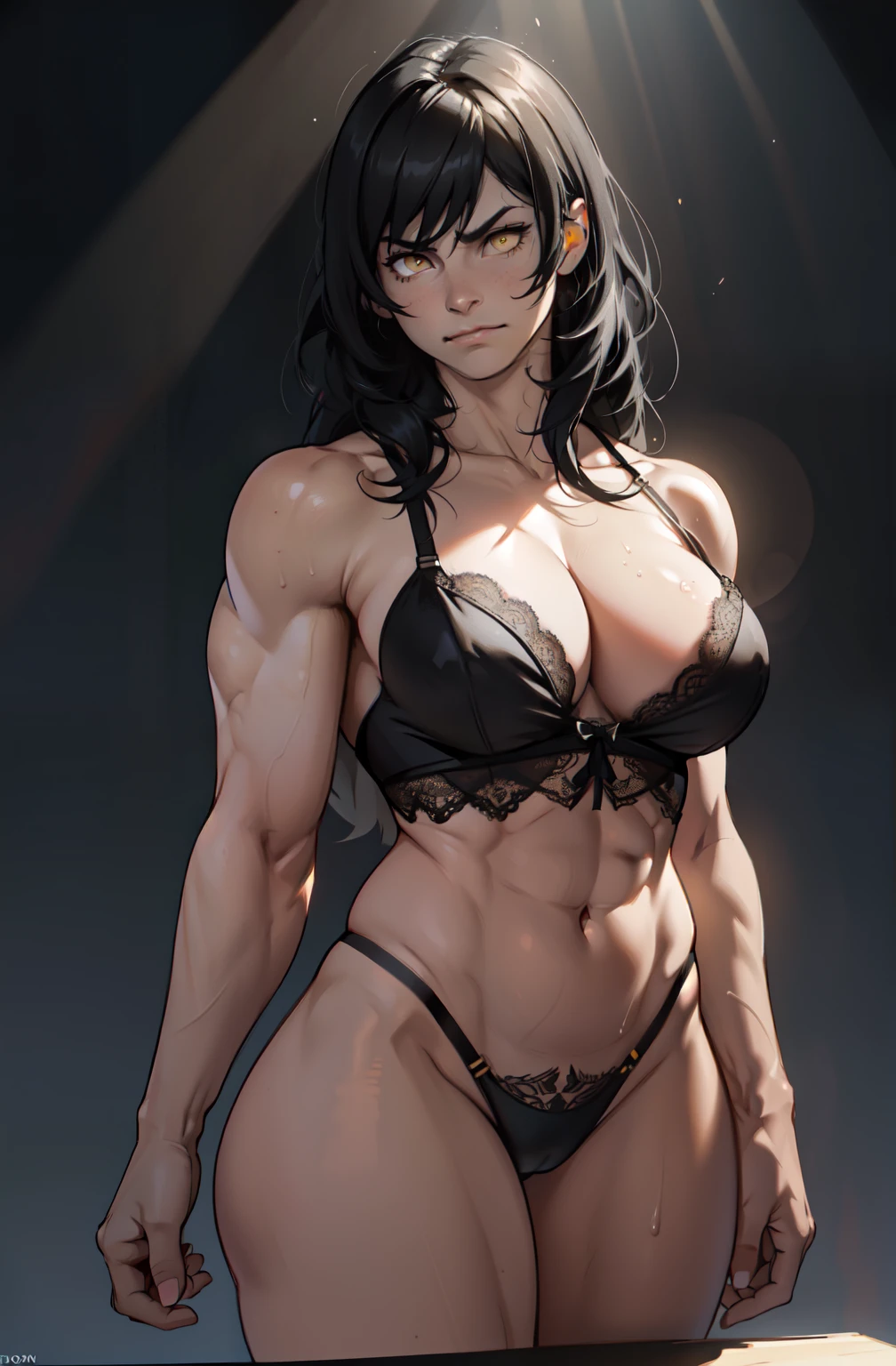 ((1 girl)), extremely long hair, solo, ((muscular)), veins, black hair, yellow eyes, pale skin, strong, veins, abs, (huge breasts), frowning, lace lingerie uhd best quality 16k chiaroscuro god rays cinematic lighting backlighting ray tracing chromatic aberration drop shadow masterpiece ccurate super detail retina UHD textured skin close up
