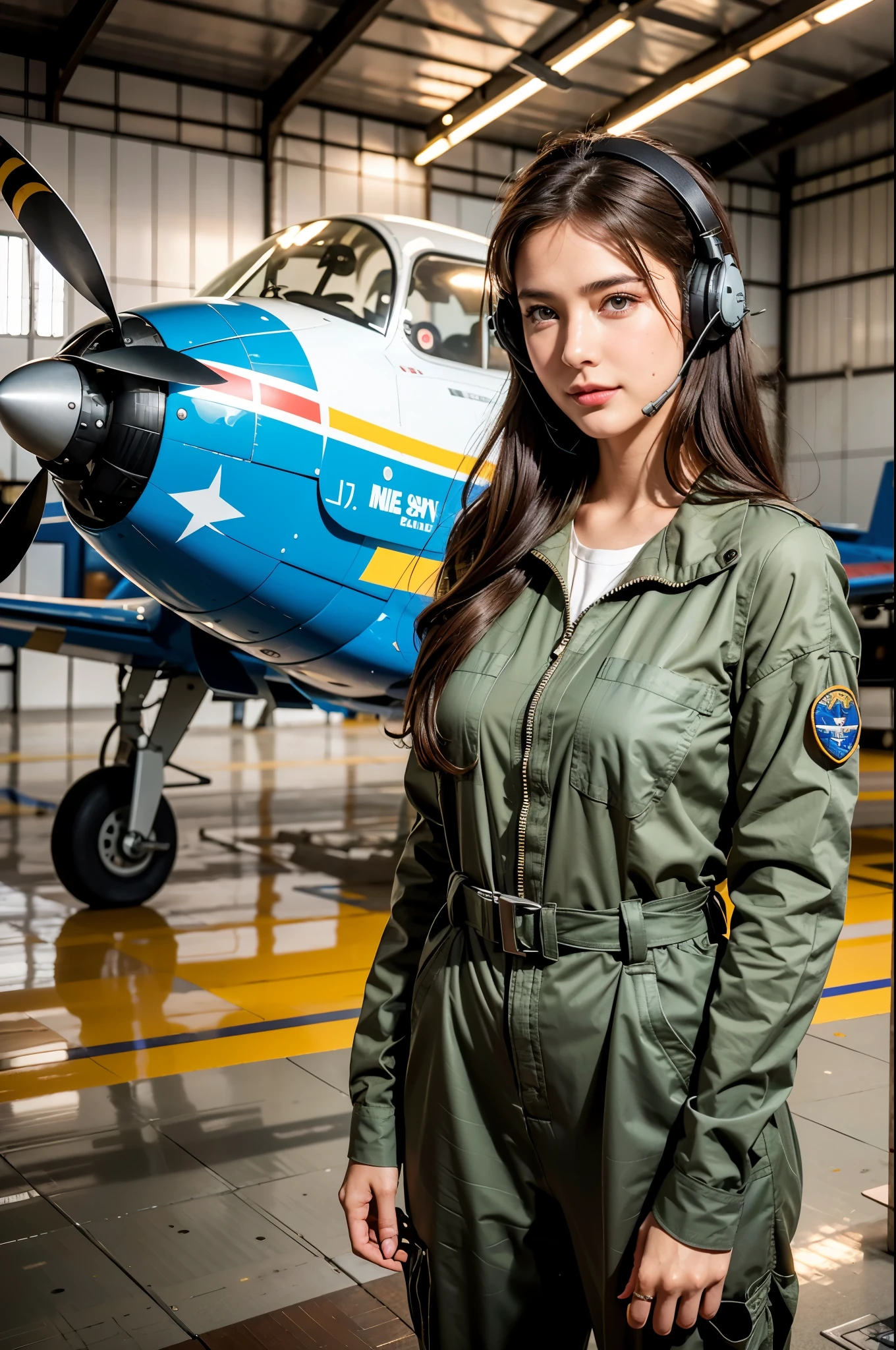 Best quality, ((professional photograph, RAW photo)), Insanely realistic, an extremely delicate and beautiful, ultra high res, realistic lighting and shading, (Realistic image of a extremely pretty female Aircraft mechanic, solo), Inside a spacious Aircraft hangar, Monoplane fighters of the World War II era line the background, Aircraft parts scattered on the floor, Tools for maintenance, She does aircraft maintenance, (wearing Military camouflage patterned Long-sleeved mechanic's coverall), (wearing mechanic's heavy-duty glove), (Wearing a headset), her hair is tied back later, very professional mechanic, inscrutable smile, ((extremely beautiful depiction of the eyes and face)), (insanely beautiful natural skin texture), Accurate eyes, Accurate hands, Well-balanced overall body