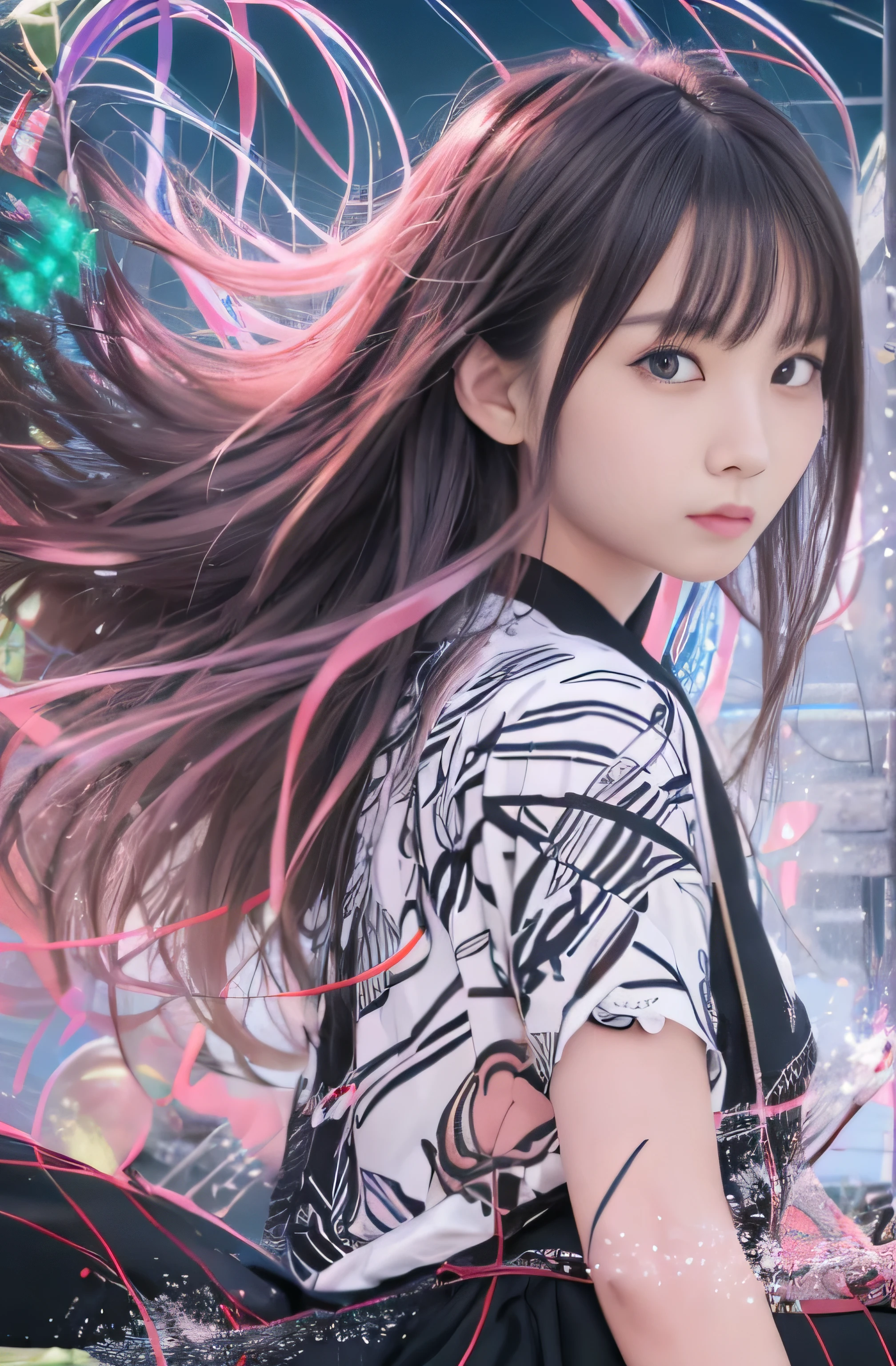 ((RAW Image Quality:1.4)), Girl with long hair and blue eyes standing in front of a colorful background, uniform, Big Breasts, Hair blowing in the wind, Cute girl visuals, Moe art style, Smooth Art Photography, Hololive, Visual novel, Beautiful school girl, Splash Art , hanayamata, Portraiture, Cute and realistic portrait, everyone, Official artwork