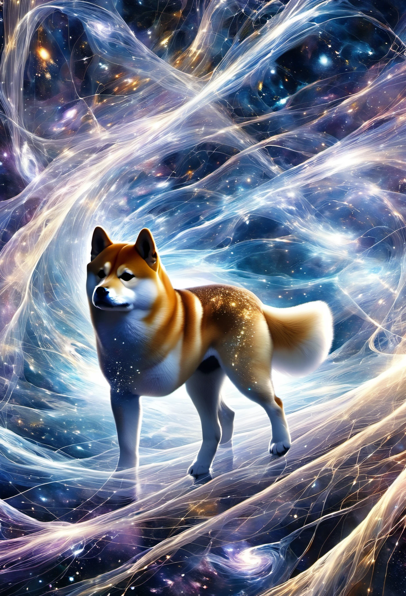 Shiba Inu,Galaxy style',close-up,Interweaving of light and shadow,translucent,universe,chaos,detail,Anatomically correct