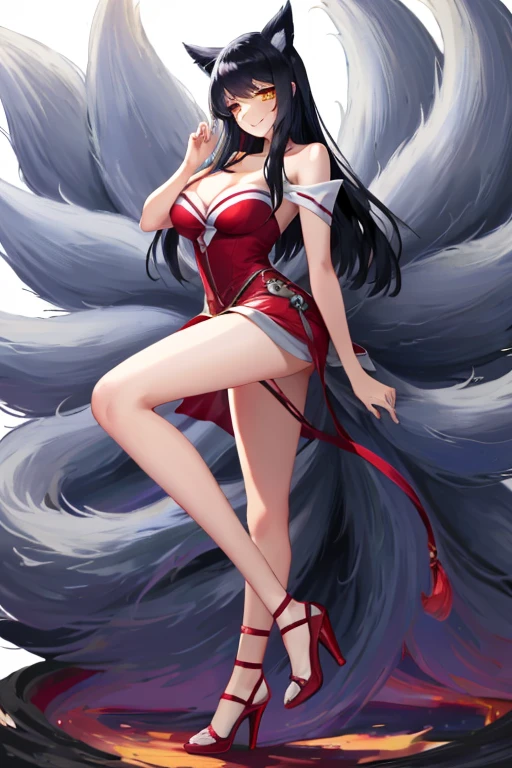beautiful womean, Ahri, facial mark,  shoulders, cleavage, black hair, yellow eyes, smiling, red marks on face, close-up, (((multiple tails, ninetales))), high heels, whole body,  legs, standing
