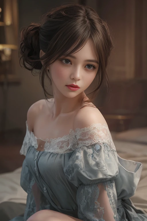 Fashion Photography、Portraiture、Lace fabric 1.5、Off the shoulder、Disheveled Hair 1.5、Professional Lighting 1.5、Professional Lighting 1.5、Dramatic lighting1.5、Looking at the audience、Tie your hair up