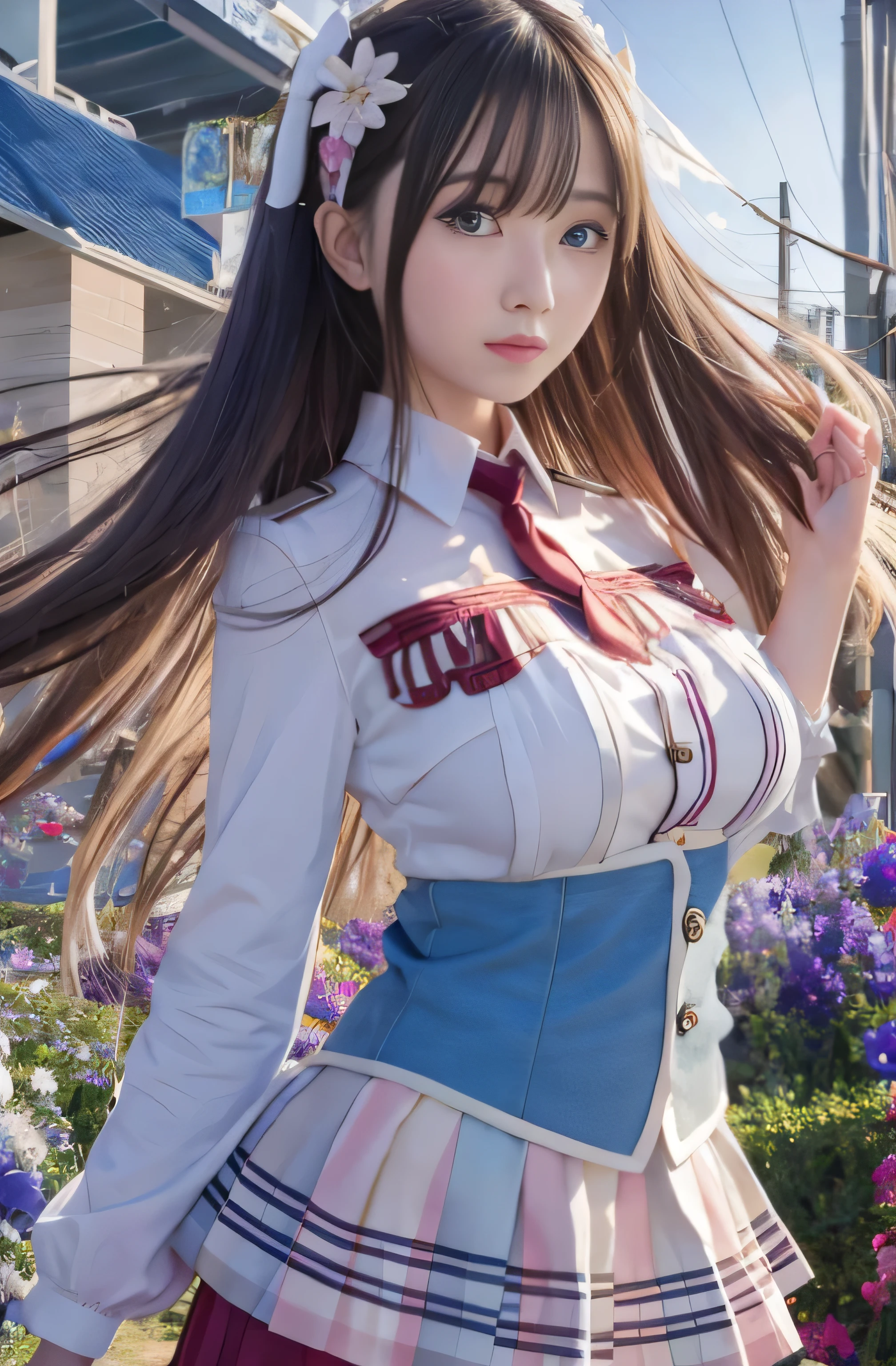 ((RAW Image Quality:1.4)), Girl with long hair and blue eyes standing in front of a colorful background, uniform, Big Breasts, Hair blowing in the wind, Cute girl visuals, Moe art style, Smooth Art Photography, Hololive, Visual novel, Beautiful school girl, Splash Art , hanayamata, Portraiture, Cute and realistic portrait, everyone, Official artwork