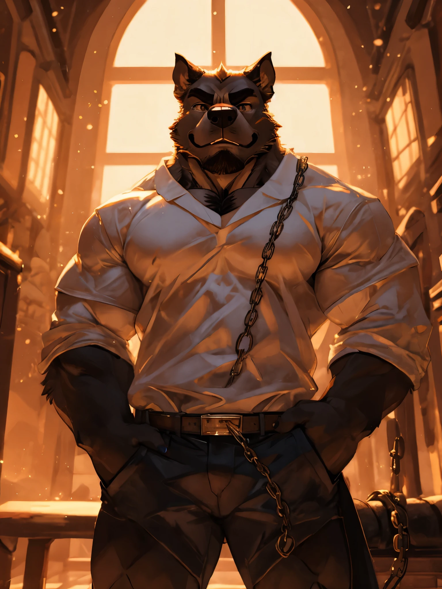 (tall) (muscular) (bulldog:1.1), (white T-shirt), (chain), (dumbbell), (right hand), (detailed eyes), (detailed lips), (strong pose), [background:0.9], (best quality:1.2), (ultra-detailed), (realistic:1.37), [HDR], [studio lighting], (vivid colors), [bokeh], (portraits), (strong contrast), (warm color tone), (soft lighting)